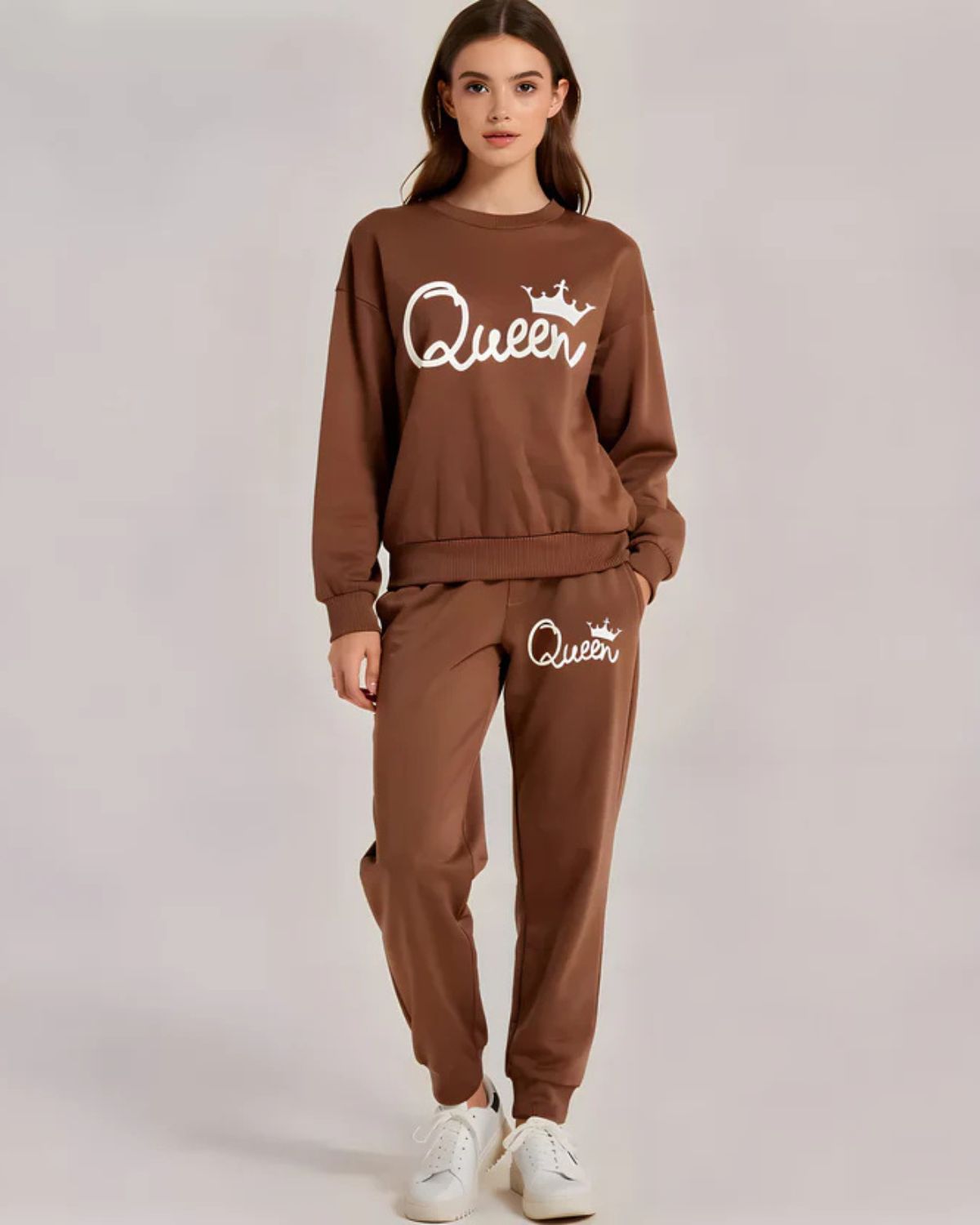 2 Pcs Women's Stitched Fleece Printed Sweatshirt Tracksuit