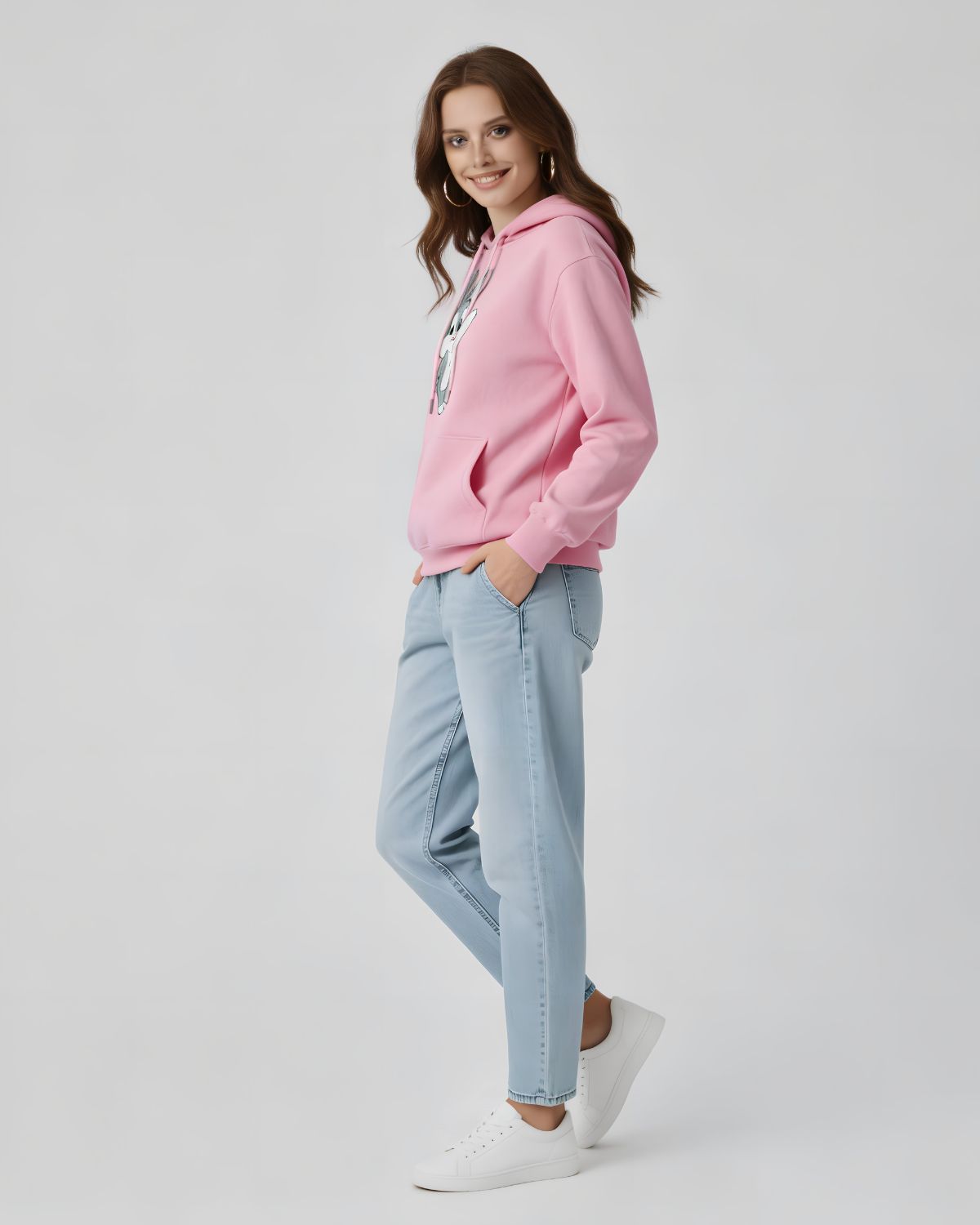 1 Pc Women's Stitched Fleece Printed Pullover Hoodie