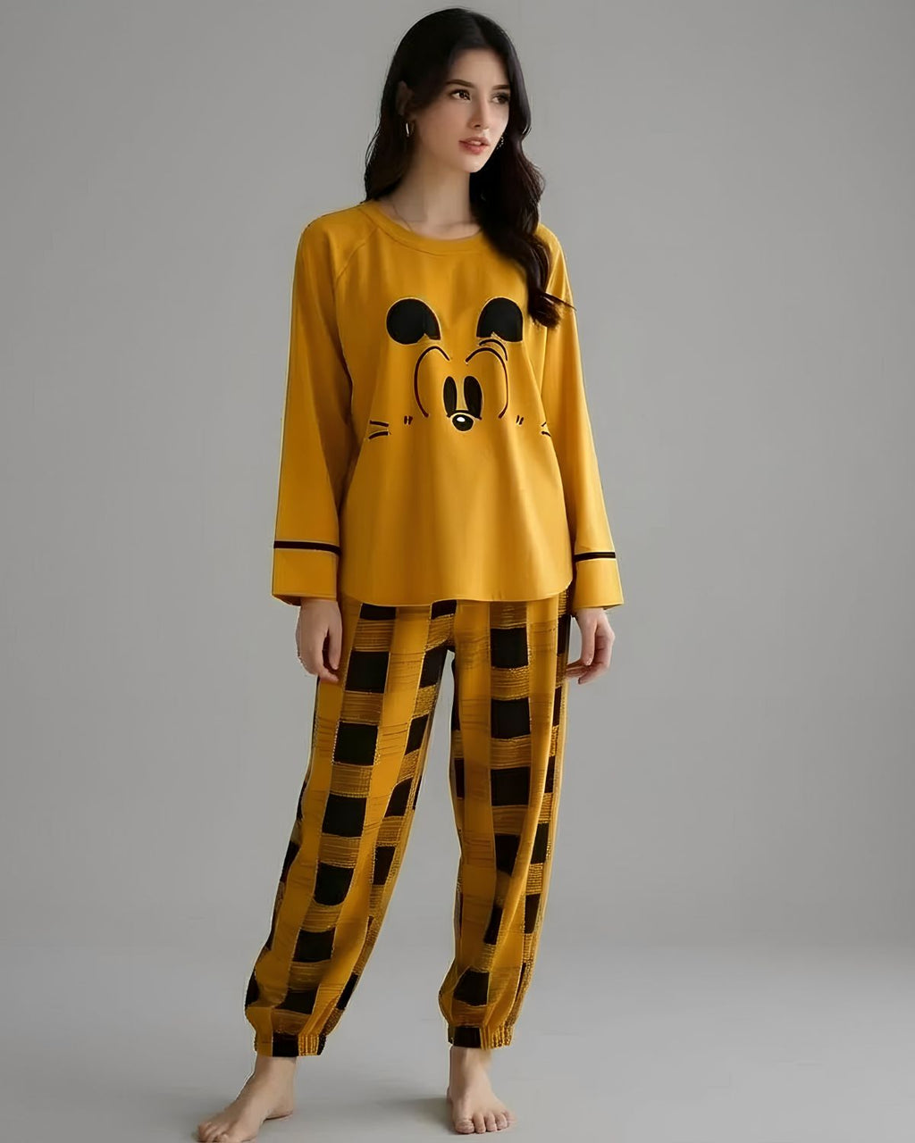 2 Pcs Women's Stitched Cotton Jersey Printed Night Suit - Yellow