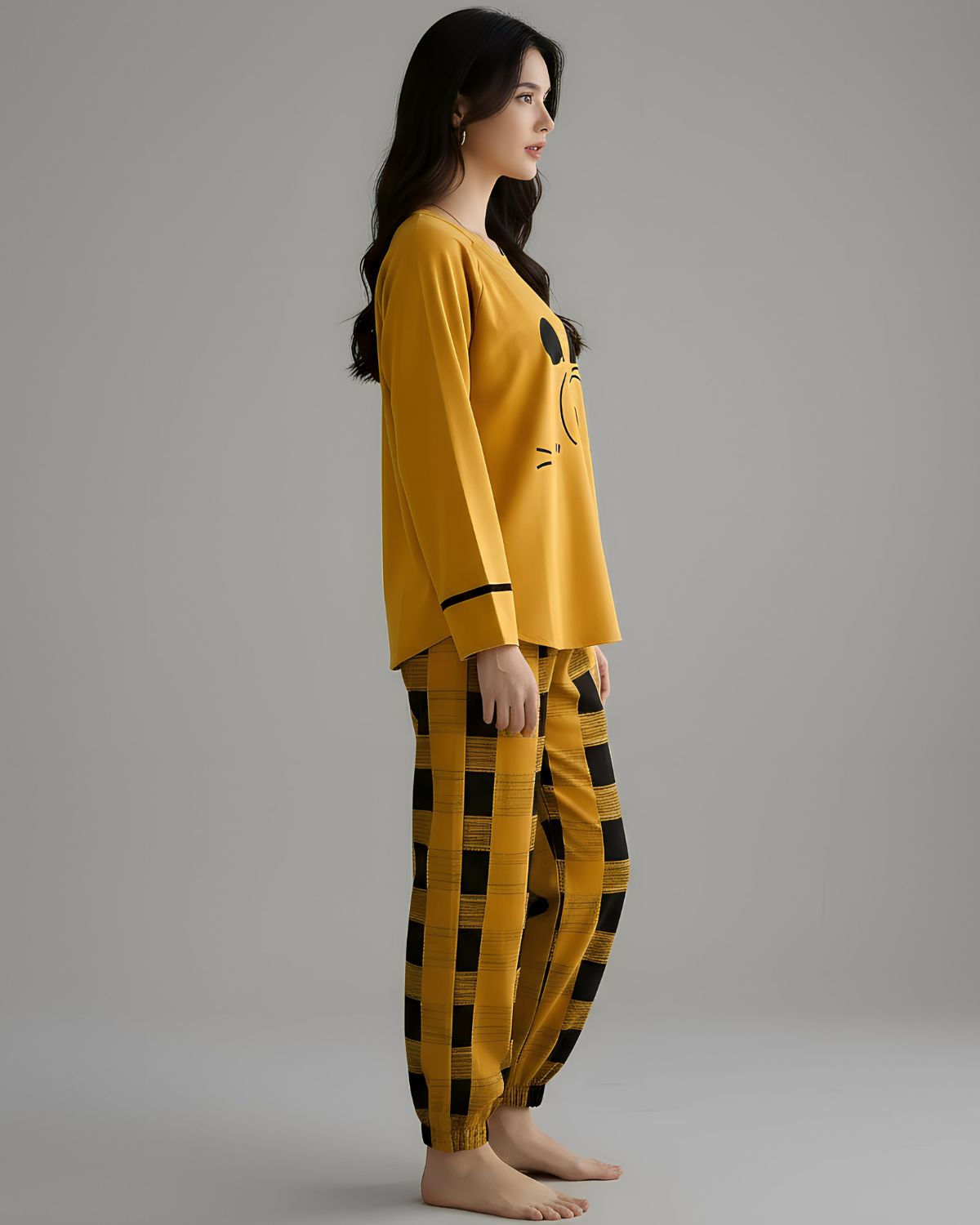 2 Pcs Women's Stitched Cotton Jersey Printed Night Suit - Yellow