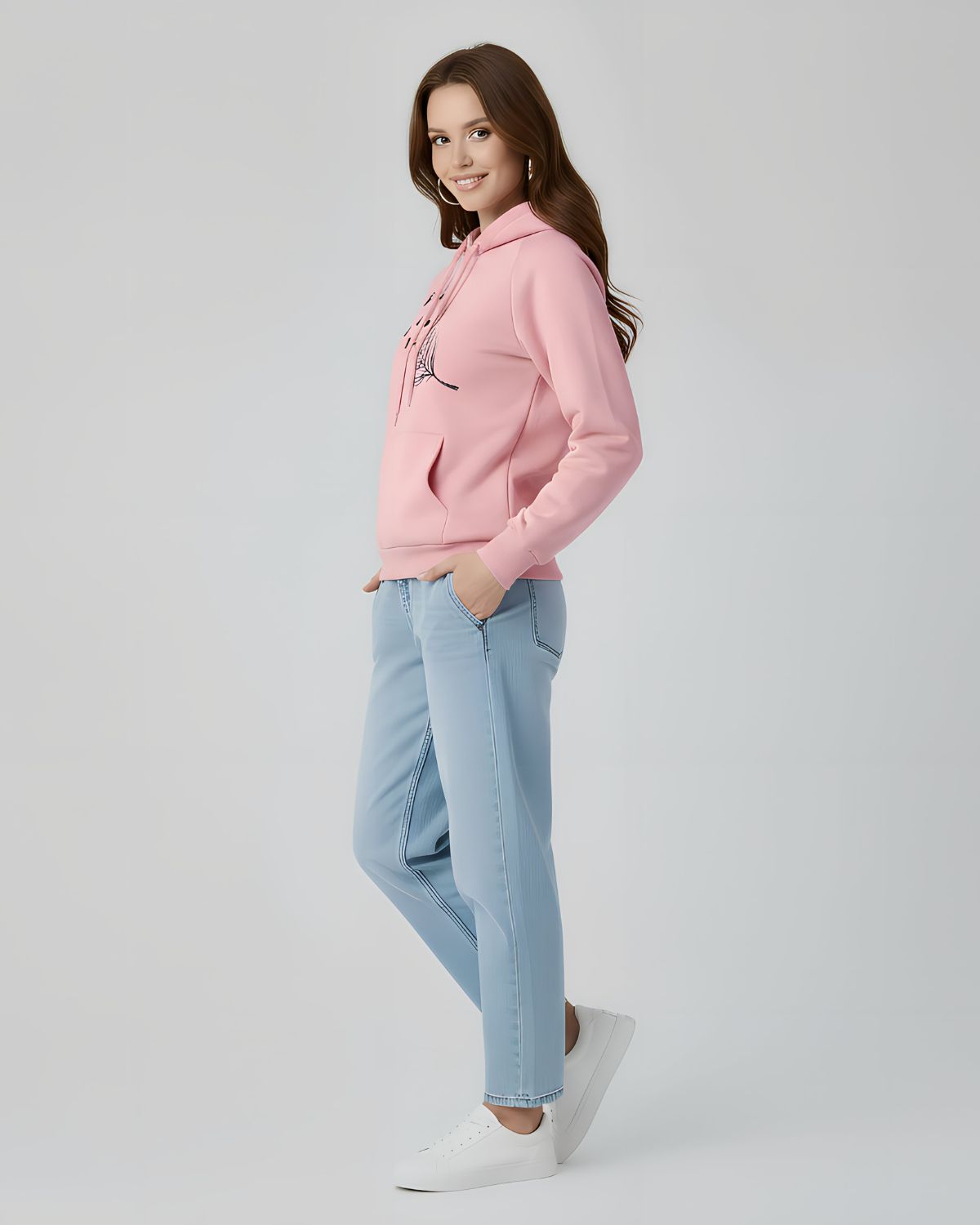 1 Pc Women's Stitched Fleece Printed Pullover Hoodie