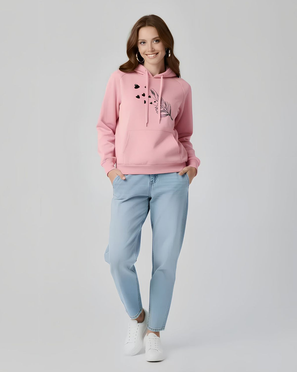 1 Pc Women's Stitched Fleece Printed Pullover Hoodie