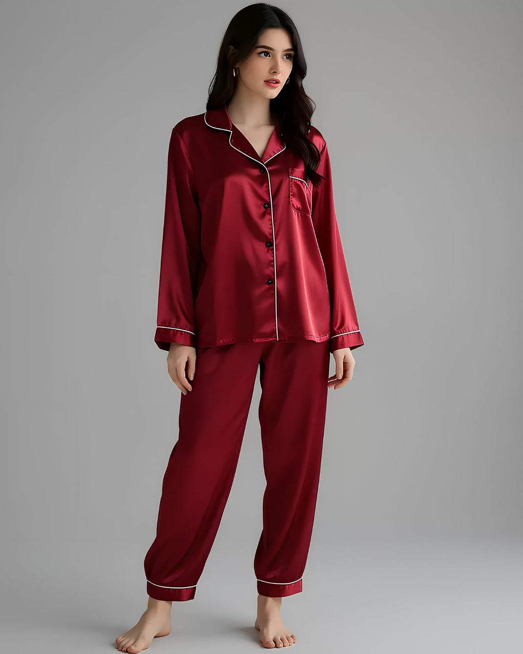 2 Pcs Women's Stitched Silk Plain Night Suit