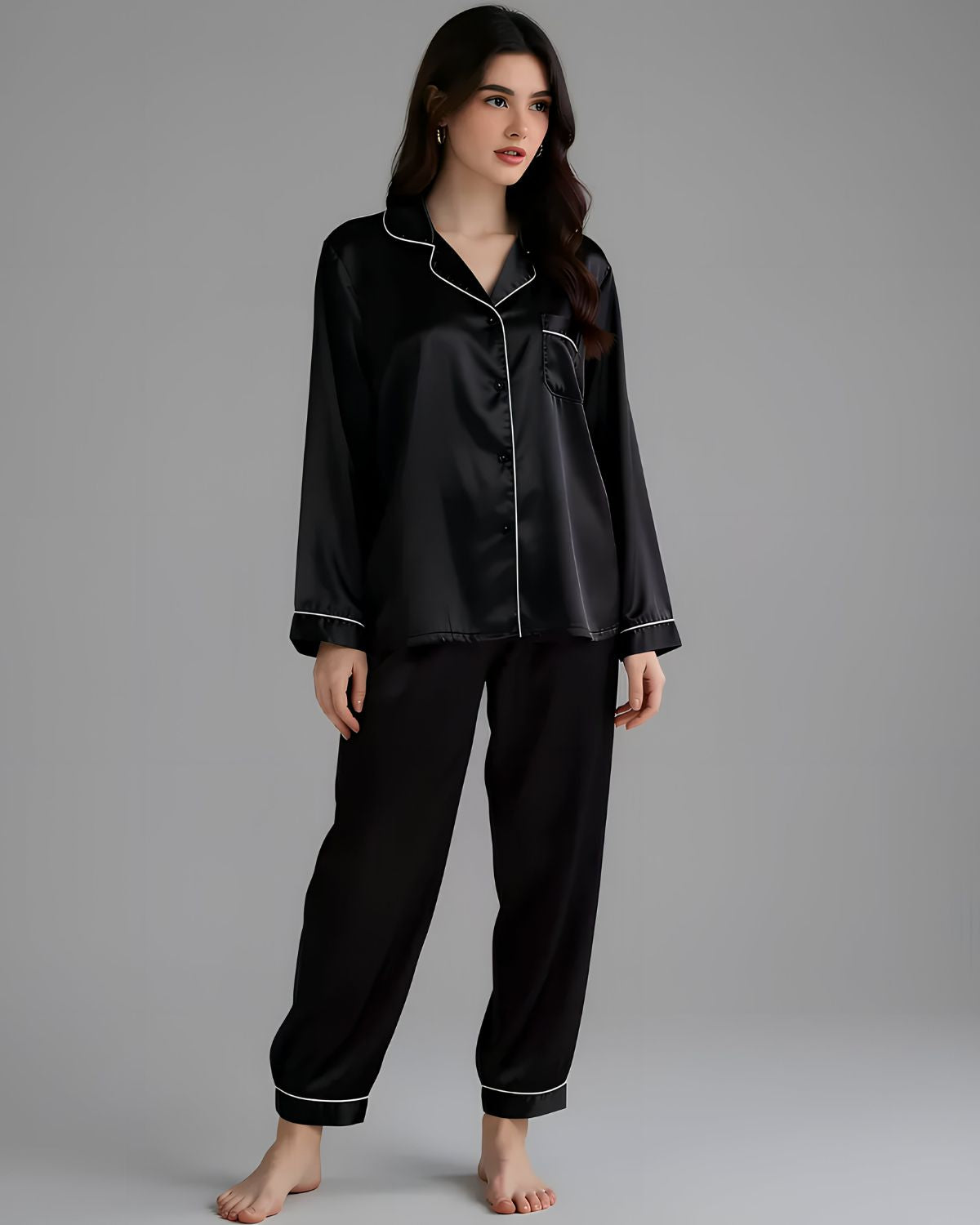 2 Pcs Women's Stitched Silk Plain Night Suit