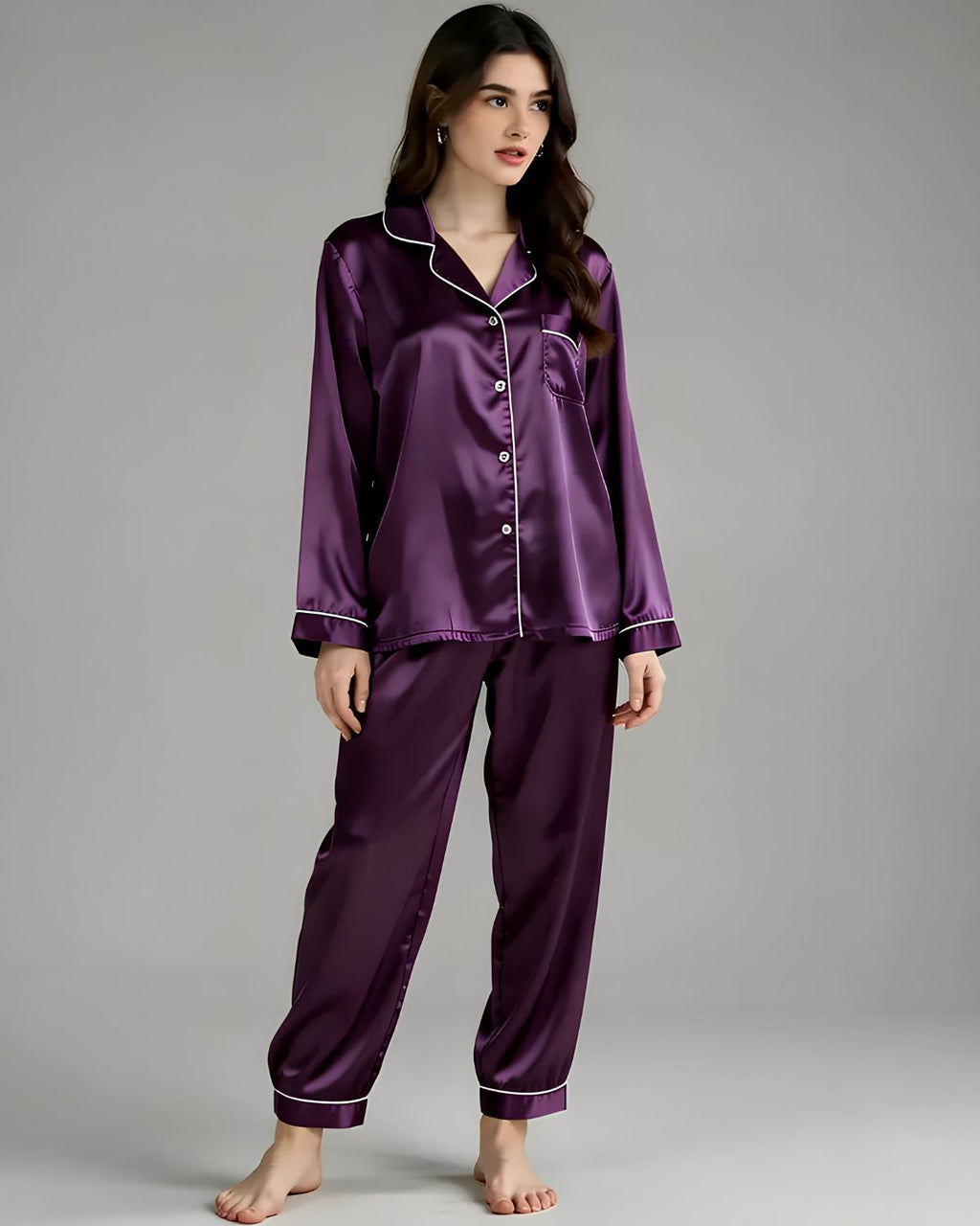 2 Pcs Women's Stitched Silk Plain Night Suit