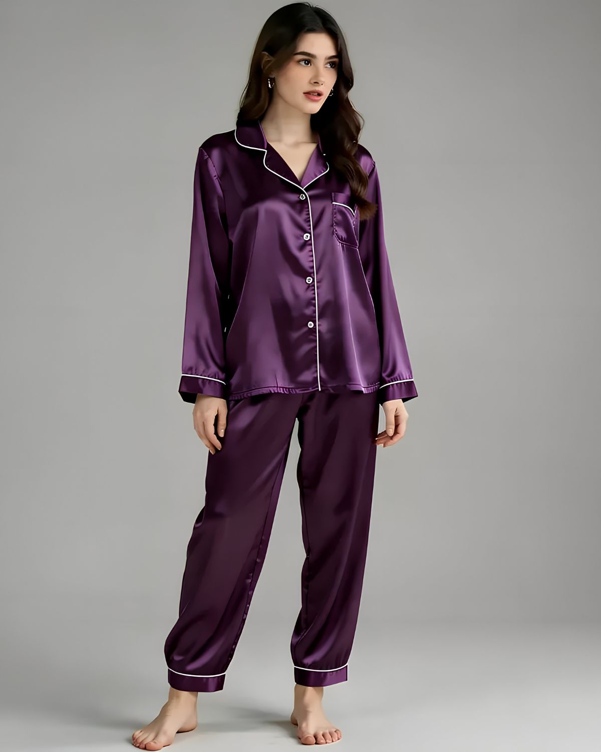 2 Pcs Women's Stitched Silk Plain Night Suit