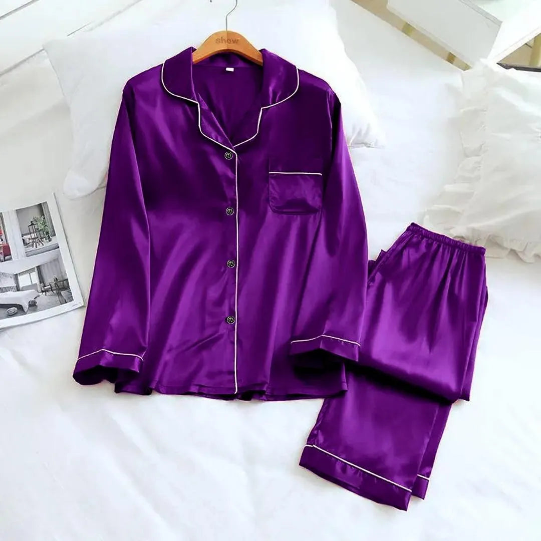 2 Pcs Women's Stitched Silk Plain Night Suit