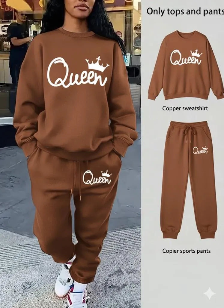 2 Pcs Women's Stitched Fleece Printed Sweatshirt Tracksuit