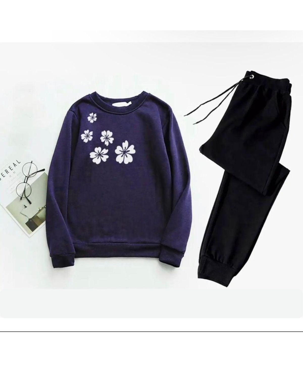 2 Pcs Women's Stitched Fleece Printed Sweatshirt Tracksuit